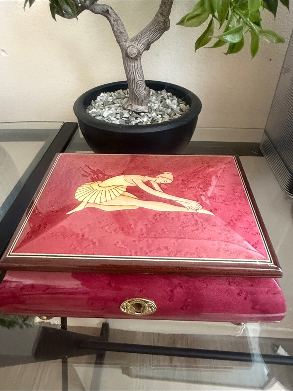 Vintage Italian Inlay Musical Jewelry Box – Wine Red